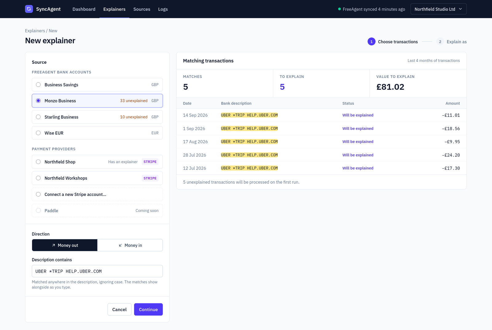 Creating an explainer, with a live preview of the transactions it matches