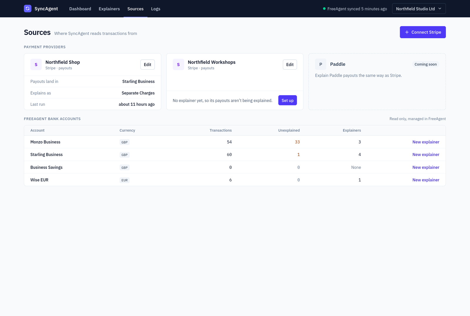 Bank accounts from FreeAgent and payouts from Stripe